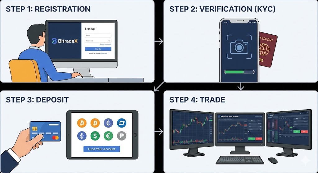 Infographic showing the 4 steps to register and trade on BitradeX