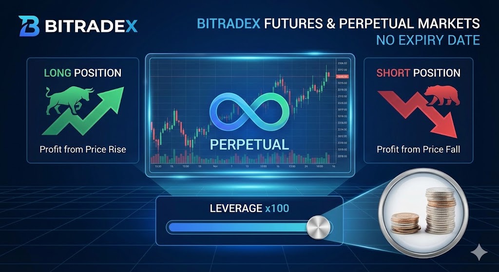 BitradeX futures market interface showing trading charts and order book